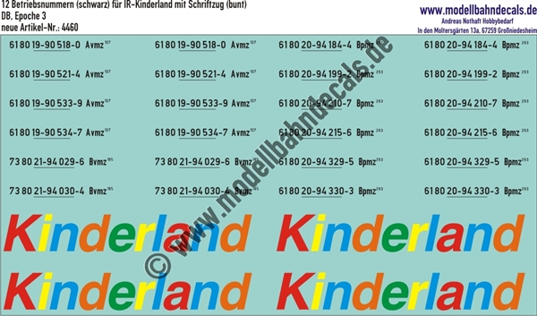 Nass-Schiebebilder: 12 Betriebsnummern (Schwarz) für IR-Kinderland mit Schriftzug (bunt). Artikel-Nummer: 4460