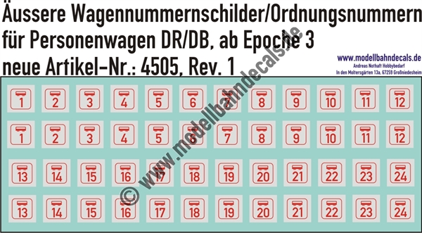 "Nass-Schiebebilder: äussere Wagennummernschilder,Ordnungsnummern für Personenwagen, Rot auf Weiss, Nummernänderungen sind gegen Aufpreis möglich.. Artikel-Nummer: 4505"