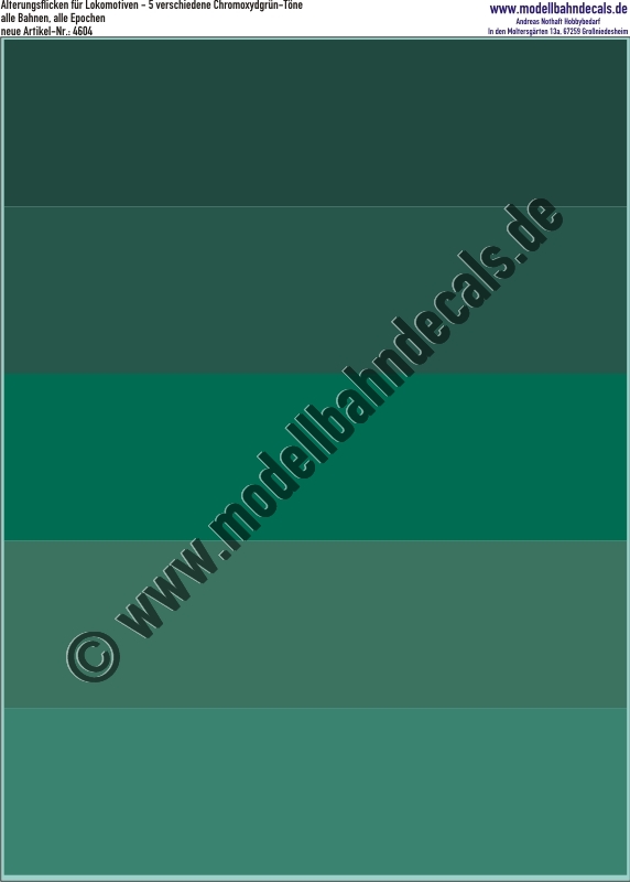 Nass-Schiebebilder: Farbkarte mit 5 verschiedenen Fabrtönen Chromoxydgrün auf Decal-Folie - ideal zum Andeuten von Ausbesserungsflicken an Personenwagen. Artikel-Nummer: 4604