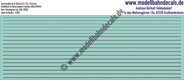 "Nass-Schiebebilder: Zierstreifen 0,3/0,5/0,6 mm RAL 7032 (Kieselgrau). Artikel-Nummer: 4760"