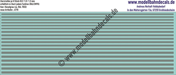 "Nass-Schiebebilder: Zierstreifen 0,8/1,0/1,2 mm RAL 7032 (Kieselgrau). Artikel-Nummer: 4770"