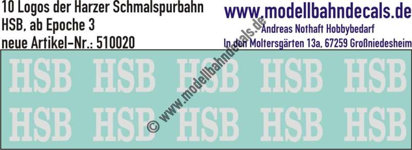 Nass-Schiebebilder: Logos der HSB (Harzer Schmalspurbahn) Weiss. Entwurf: Tröger-2m, Artikel-Nr. 510020