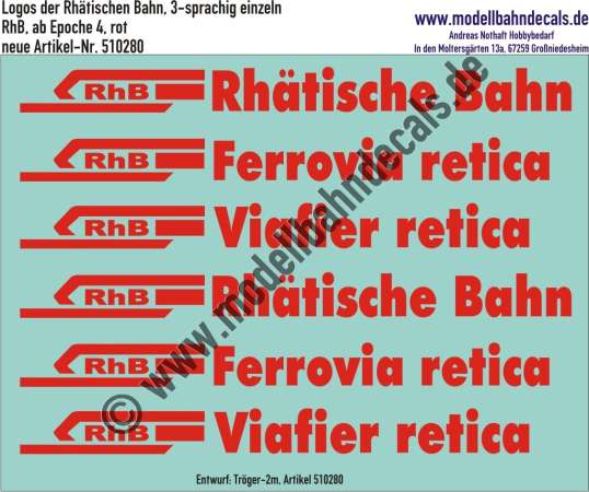 Nass-Schiebebilder: Logos der Rhätischen Bahn, 3-sprachig einzeln, RhB, ab Epoche 4, Rot, Entwurf: Tröger-2m, Art. 510280.