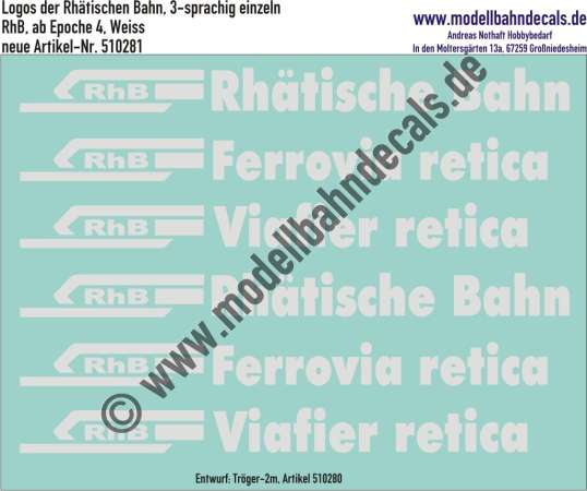 Nass-Schiebebilder: Logos der Rhätischen Bahn, 3-sprachig einzeln, RhB, ab Epoche 4, Weiss, Entwurf: Tröger-2m, Art. 510281.