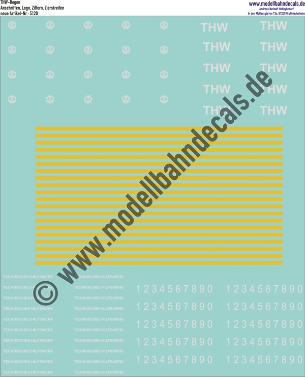 "Nass-Schiebebilder: THW-Bogen, Anschriften, Logo, Ziffern Weiss, Zierstreifen Dunkelgelb. Artikel-Nummer: 5120"