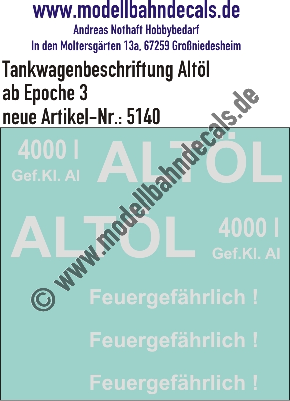 "Nass-Schiebebilder: Tankwagenbeschriftung ""Altöl"" 4000 Liter, Weiss. Artikel-Nummer: 5140"