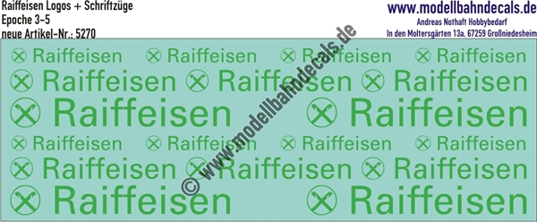 "Nass-Schiebebilder: Raiffeisen Logo und Schriftzug grün, 3 verschiedene Größen. Artikel-Nummer: 5270"