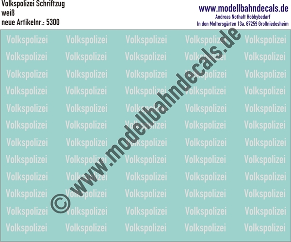 "Nass-Schiebebilder: Volkspolizei (Schriftzug), Weiss. Artikel-Nummer: 5300"
