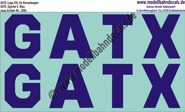 "Nass-Schiebebilder: GATX-Logo getrennte Großbuchstaben für Kesselwagen, Blau. Artikel-Nummer: 5354"