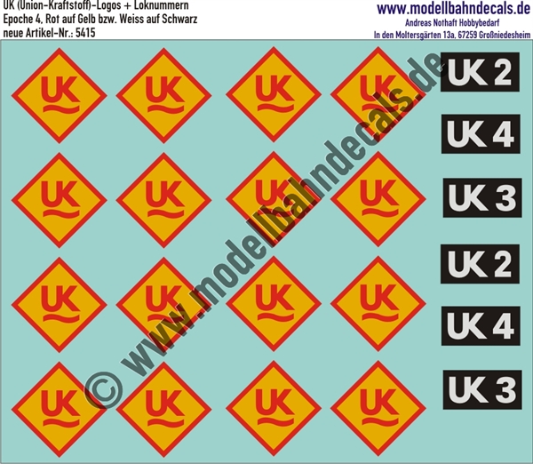 "Nass-Schiebebilder: UK (Union-Kraftstoffe Wesseling), Rot auf Gelb und Fahrzeugnummern Weiss auf Schwarz. Artikel-Nummer: 5415"