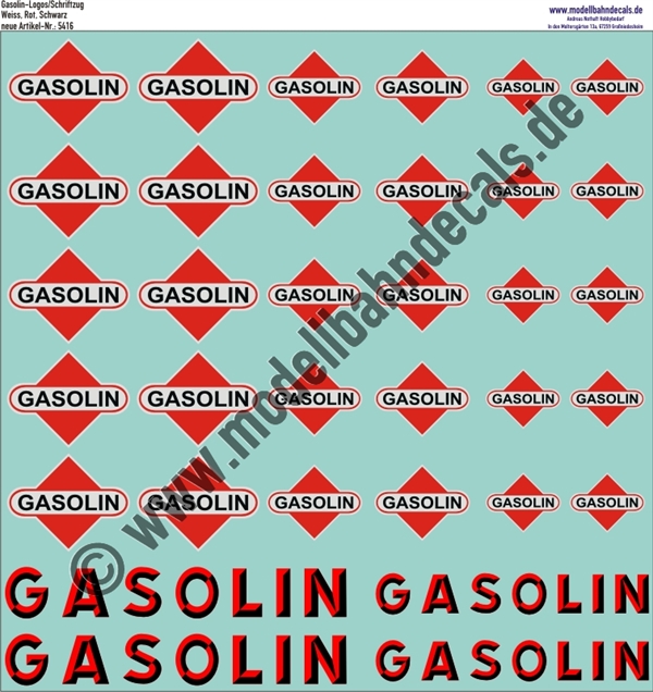 "Nass-Schiebebilder: Gasolin als Schriftzug und als Diamant, Rot, Schwarz, Weiss. Artikel-Nummer: 5416"