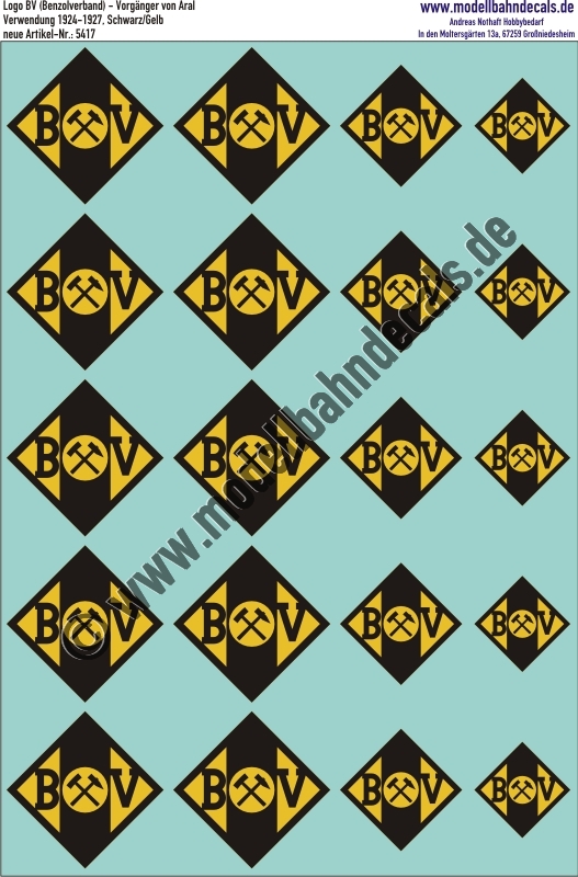 "Nass-Schiebebilder: Logo BV (Benzolverband) = Vorgänger von ARAL 1924-1927, 3 versch. Größen, Schwarz auf Gelb. Artikel-Nummer: 5417"