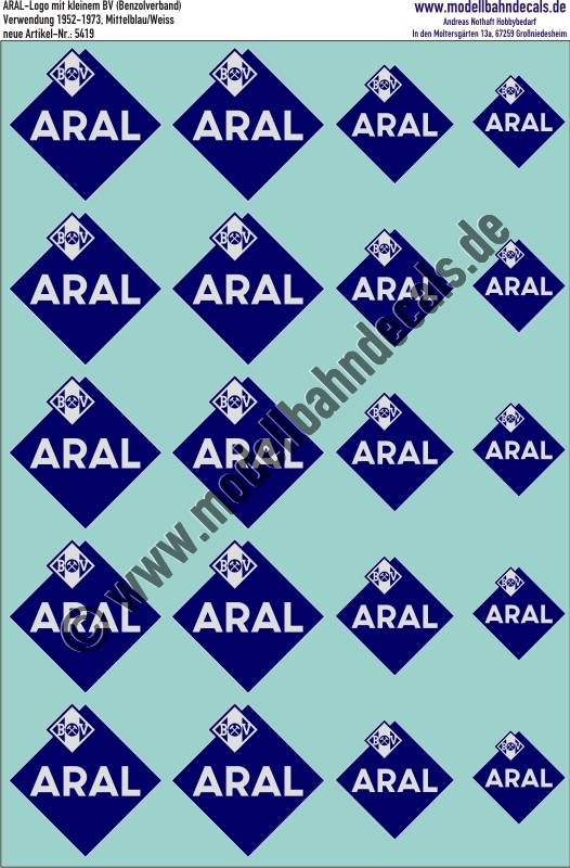 "Nass-Schiebebilder: ARAL-Logo mit kleinem BV (Benzolverband) 1952-1973, 3 versch. Größen, Weiss auf Mittelblau. Artikel-Nummer: 5419"