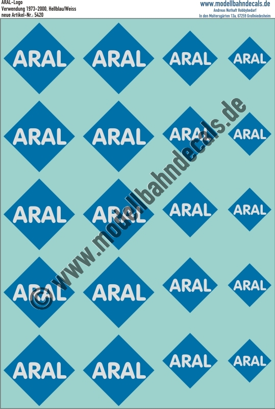 "Nass-Schiebebilder: ARAL-Logo 1973-2000, 3 versch. Größen, Weiss auf Hellblau. Artikel-Nummer: 5420"