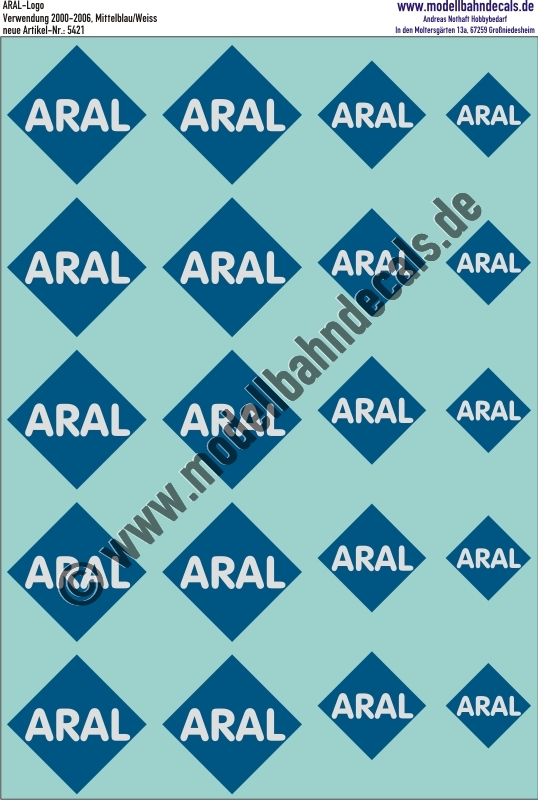 "Nass-Schiebebilder: ARAL-Logo 2000-2006, 3 versch. Größen, Weiss auf Mittelblau. Artikel-Nummer: 5421"