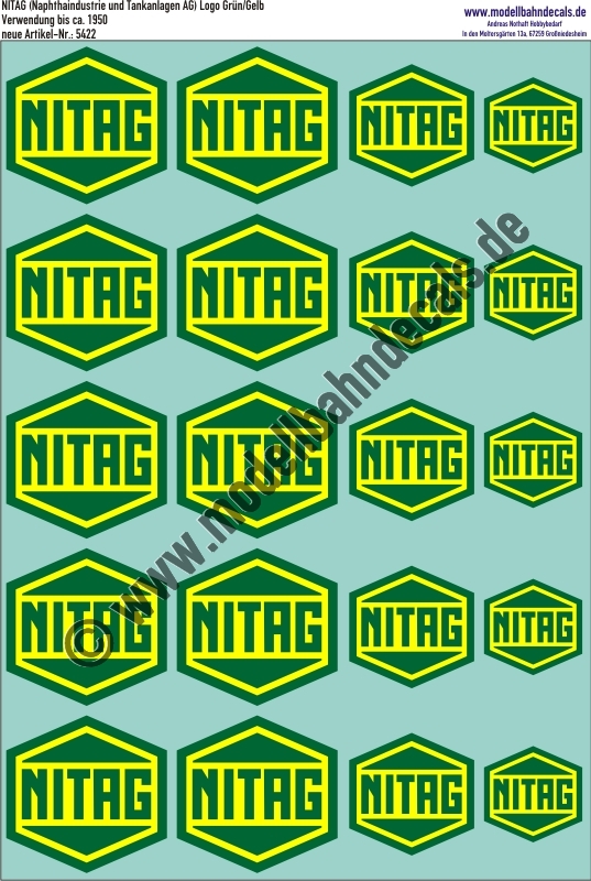 "Nass-Schiebebilder: NITAG-Logo (Naphthaindustrie und Tankanlagen AG), Variante Grün/Gelb, Verwendung bis ca. 1950. Artikel-Nummer: 5422"