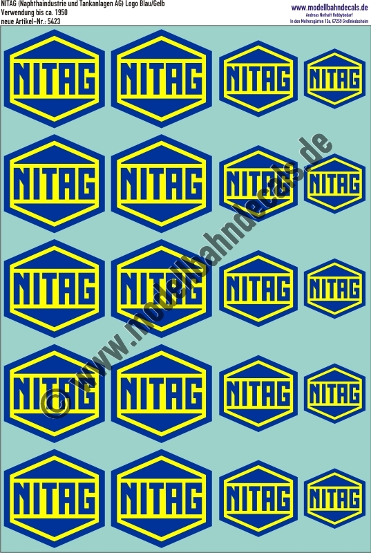 "Nass-Schiebebilder: NITAG-Logo (Naphthaindustrie und Tankanlagen AG), Variante Blau/Gelb, Verwendung ab ca. 1950. Artikel-Nummer: 5423"