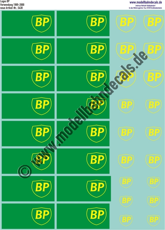 "Nass-Schiebebilder: BP versch. Größen, 16 mit grünem Hintergrund, andere nur Gelb, Verwendung von 1989-2000. Artikel-Nummer: 5430"