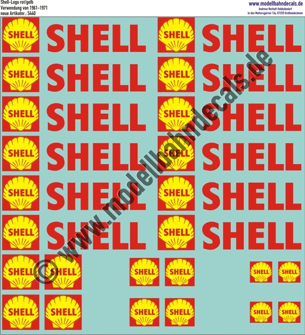 "Nass-Schiebebilder: Shell versch. Größen, 12 Muschel und Schriftzug, andere nur Muschel Rot/Gelb. Artikel-Nummer: 5440"