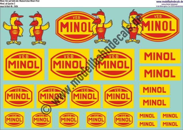 Nass-Schiebebilder: Minol, Rot auf Gelb inkl. Maskottchen Minol-Pirol (Verwendung bis 1990). Artikel-Nummer: 5454