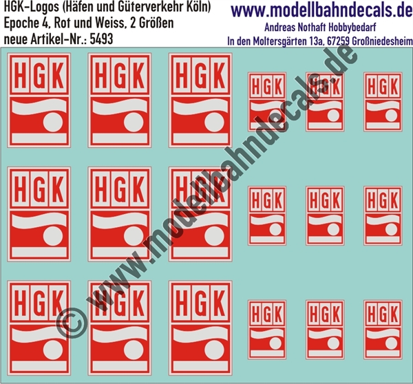 "Nass-Schiebebilder: HGK-Logos (Hafen- und Güterverkehr Köln), Rot und Weiss. Artikel-Nummer: 5493"