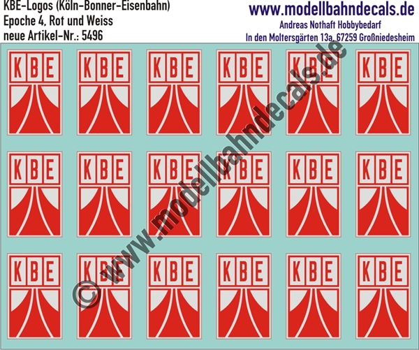 "Nass-Schiebebilder: KBE-Logos (Köln-Bonner-Eisenbahn), Rot und Weiss. Artikel-Nummer: 5496"