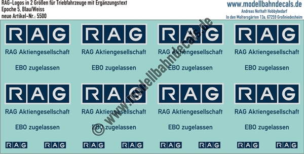 Nass-Schiebebilder: RAG-Logo Blau/Weiss mit Zusatzanschriften für Loks. Artikel-Nummer: 5500
