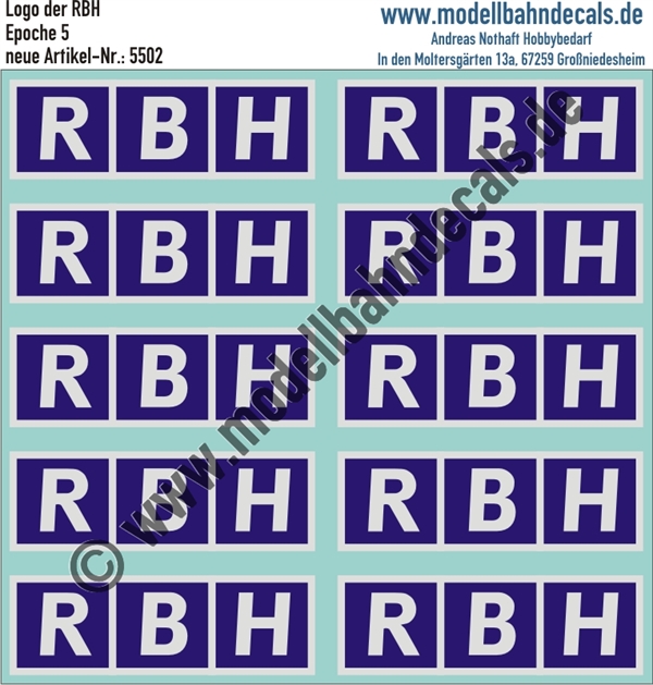Nass-Schiebebilder: RBH-Logo Blau mit weissem Rahmen. Artikel-Nummer: 5502