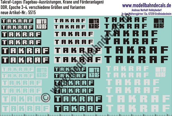 "Nass-Schiebebilder: Takraf-Logos (Tagebau-Ausrüstungen, Krane und Förderanlagen), verschiedene Größen und Varianten. Artikel-Nummer: 5515"