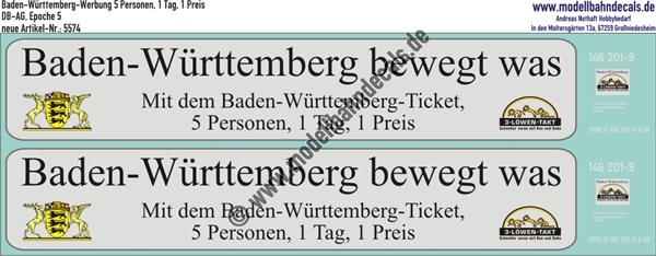 "Nass-Schiebebilder: ""Baden-Württemberg bewegt was. Typisch Baden-Württemberg: Mit dem Baden-Württemberg-Ticket, 5 Personen, 1 Tag, 1 Preis"" Baden-Württemberg-Werbung mit Loknummern 146 201-9. Artikel-Nummer: 5574"
