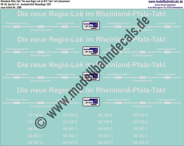 "Nass-Schiebebilder: Rheinland-Pfalz-Takt ""Die neue Regio-Lok im RLP-Takt"" mit Loknummern, Weiss mit Blau, Auslaufartikel! Neuer Artikel: 5581. Artikel-Nummer: 5580"
