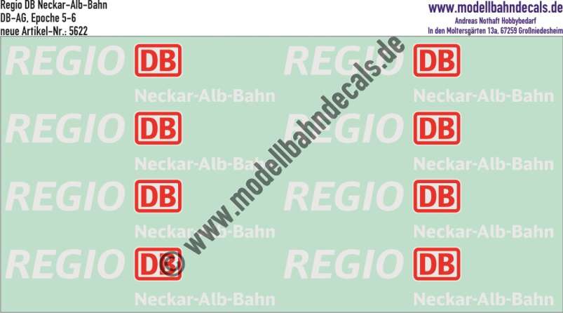 Nass-Schiebebilder: Zusatzbeschriftung DB Regio Neckar-Alb-Bahn, Rot/Weiss. Artikel-Nummer: 5622