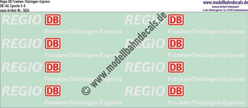 Nass-Schiebebilder: Zusatzbeschriftung DB Regio Franken-Thüringen-Express, Rot/Weiss. Artikel-Nummer: 5624
