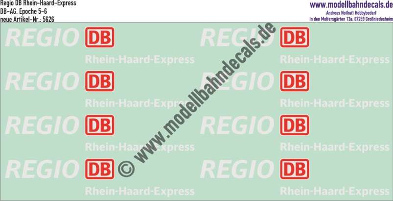 Nass-Schiebebilder: Zusatzbeschriftung DB Regio Rhein-Haard-Express, Rot/Weiss. Artikel-Nummer: 5626