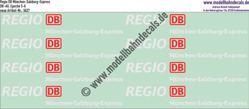 Nass-Schiebebilder: Zusatzbeschriftung DB Regio München-Salzburg-Express, Rot/Weiss. Artikel-Nummer: 5627