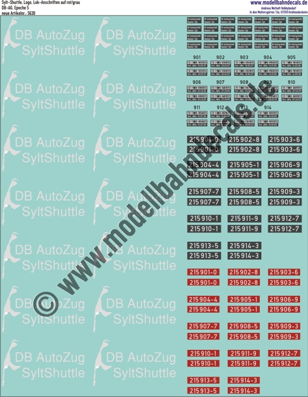 "Nass-Schiebebilder: Sylt-Shuttle, Logo, Lok-Anschriften auf Rot/Grau. Artikel-Nummer: 5630"