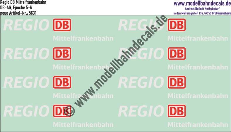 Nass-Schiebebilder: Zusatzbeschriftung DB Regio Mittelfrankenbahn, Rot/Weiss. Artikel-Nummer: 5631
