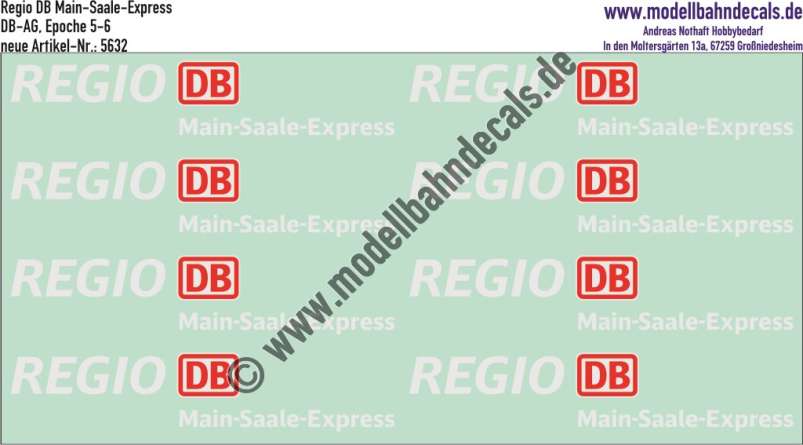 Nass-Schiebebilder: Zusatzbeschriftung DB Regio Main-Saale-Express, Rot/Weiss. Artikel-Nummer: 5632
