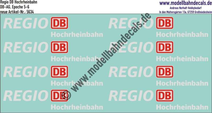 Nass-Schiebebilder: Zusatzbeschriftung DB Regio Hochrheinbahn, Rot/Weiss. Artikel-Nummer: 5634