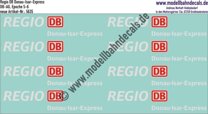 Nass-Schiebebilder: Zusatzbeschriftung DB Regio Donau-Isar-Express, Rot/Weiss. Artikel-Nummer: 5635