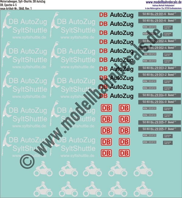 "Nass-Schiebebilder: Motorradwagen Sylt-Shuttle, Shuttle-Logos, Motorrad-Logos, DB, DB AutoZug, Wagennummern. Artikel-Nummer: 5640"