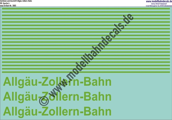 "Nass-Schiebebilder: Allgäu-Zollern-Bahn und Zierstreifen, Hellgrün, Länge Zierstreifen ca. 90 mm. Artikel-Nummer: 5665"
