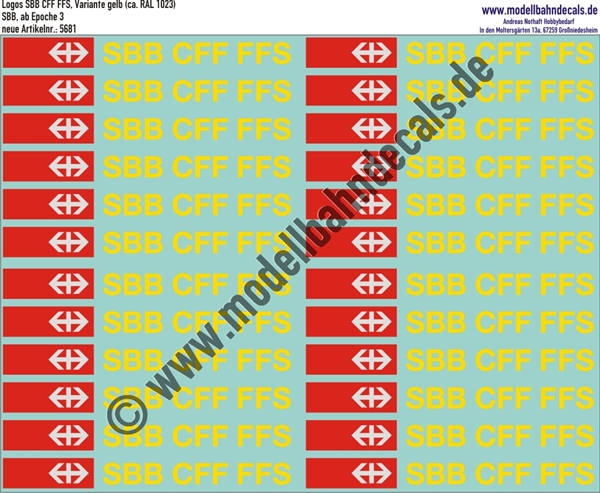 "Nass-Schiebebilder: SBB-Embleme Epoche 4, Logo Rot/Weiss mit gelber Schrift. Artikel-Nummer: 5681"