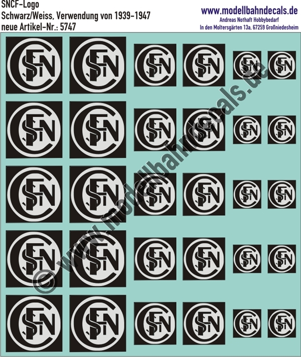 "Nass-Schiebebilder: SNCF-Embleme Schwarz-Weiss, Verwendung 1939-1947. Artikel-Nummer: 5747"
