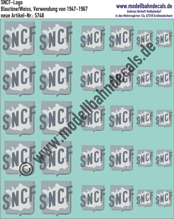 "Nass-Schiebebilder: SNCF-Embleme Blau/Türkis/Weiss, Verwendung 1947-1960. Artikel-Nummer: 5748"