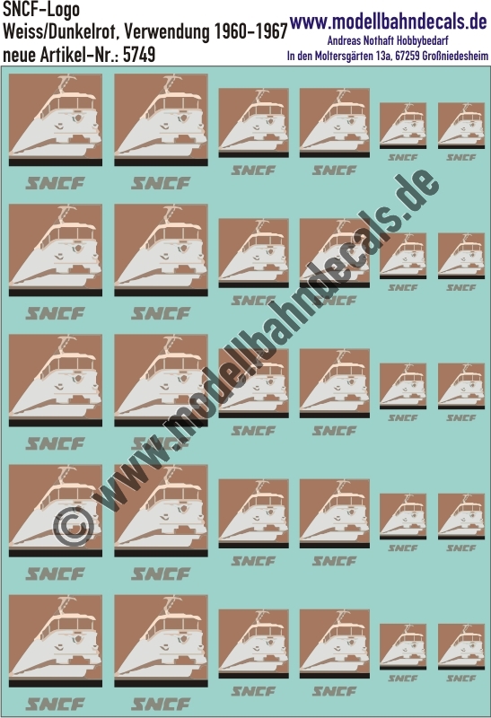 "Nass-Schiebebilder: SNCF-Embleme Weiss/Dunkelrot, Verwendung 1960-1967. Artikel-Nummer: 5749"