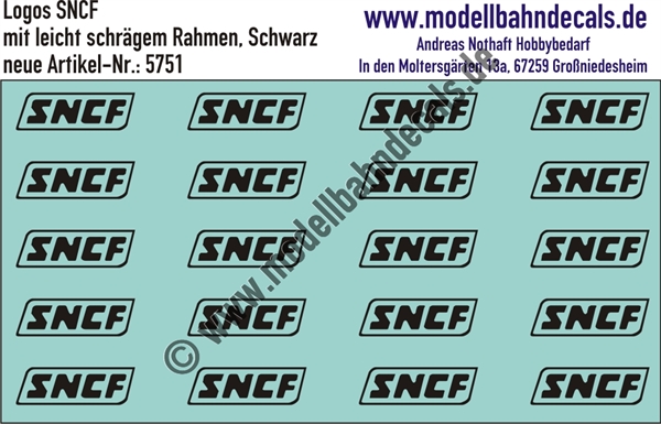 "Nass-Schiebebilder: SNCF-Embleme mit leicht schrägem Rahmen, Schwarz, Verwendung 1967-1986. Artikel-Nummer: 5751"