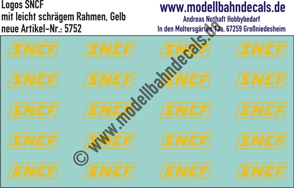 "Nass-Schiebebilder: SNCF-Embleme mit leicht schrägem Rahmen, Signalgelb, Verwendung 1967-1986. Artikel-Nummer: 5752"