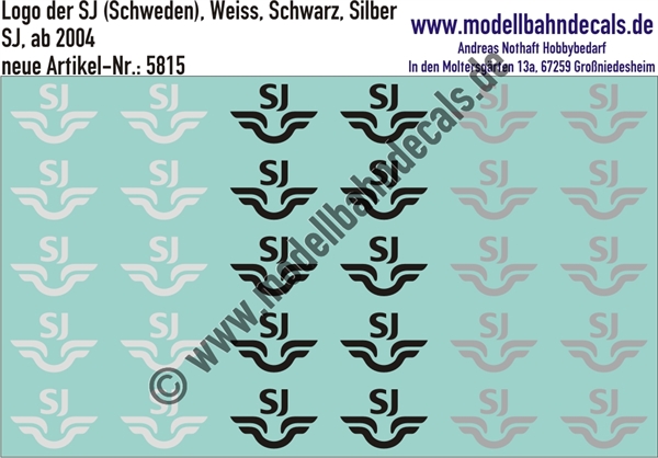 "Nass-Schiebebilder: SJ-Embleme ab 2004, Weiss, Schwarz, Silber. Artikel-Nummer: 5815"