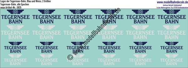 "Nass-Schiebebilder: Logos der Tegernsee-Bahn, Blau und Weiss, 2 verschiedene Größen. Artikel-Nummer: 5835"